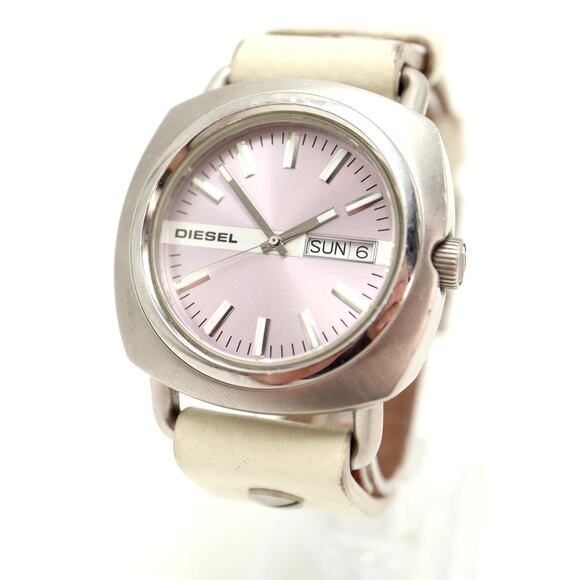 Diesel Mens 40mm Day Date Pink Silver Watch White Leather DZ5090 w New Battery - Picture 1 of 13